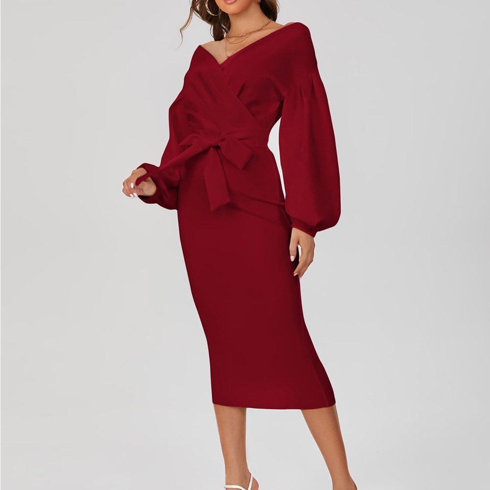 SHEIN Burgundy Gorgeous Long Sleeve Wrap Dress Sz L - Picture 5 of 11